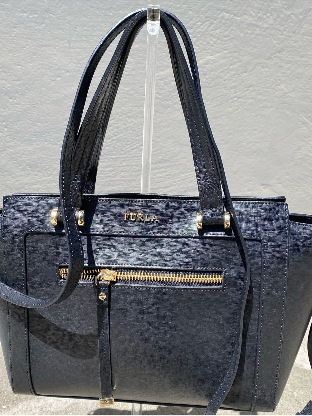 Furla Onyx Black Ginevra Leather Structured Tote with Gold Hardware NWOT